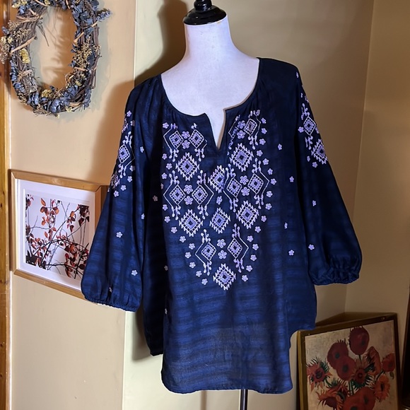 J JILL sz XL Embroidered Tunic Casual Striped LagenlookJOHNNY WAS Vibes $99 NEW - Picture 2 of 16